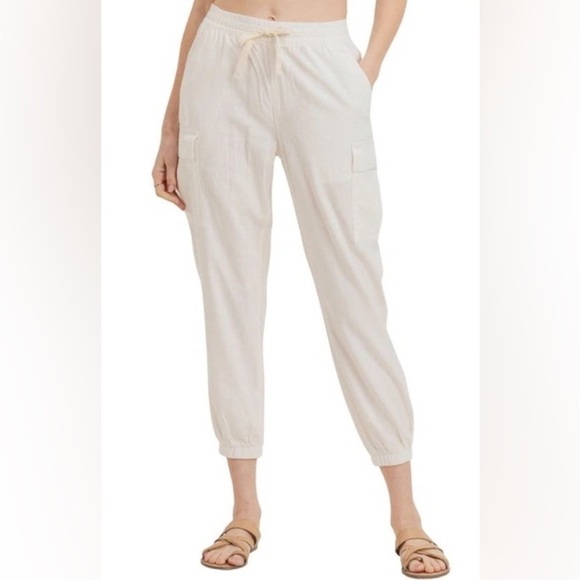 L.T.J Los Angeles Linen Blend Cropped Joggers in Optic White SzL - Picture 1 of 7